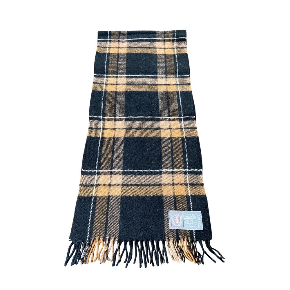 100% Lambswool Heritage Black Camel Plaid 56x12 Vintage Scarf. Made in Uruguay